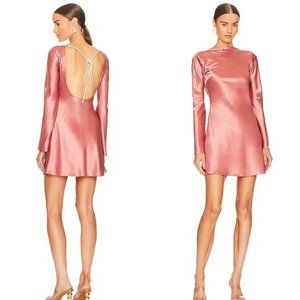 Cult Gaia Milla Mini Dress Jaipor Pink Satin Flared Sleeve Open Back Rhinestone